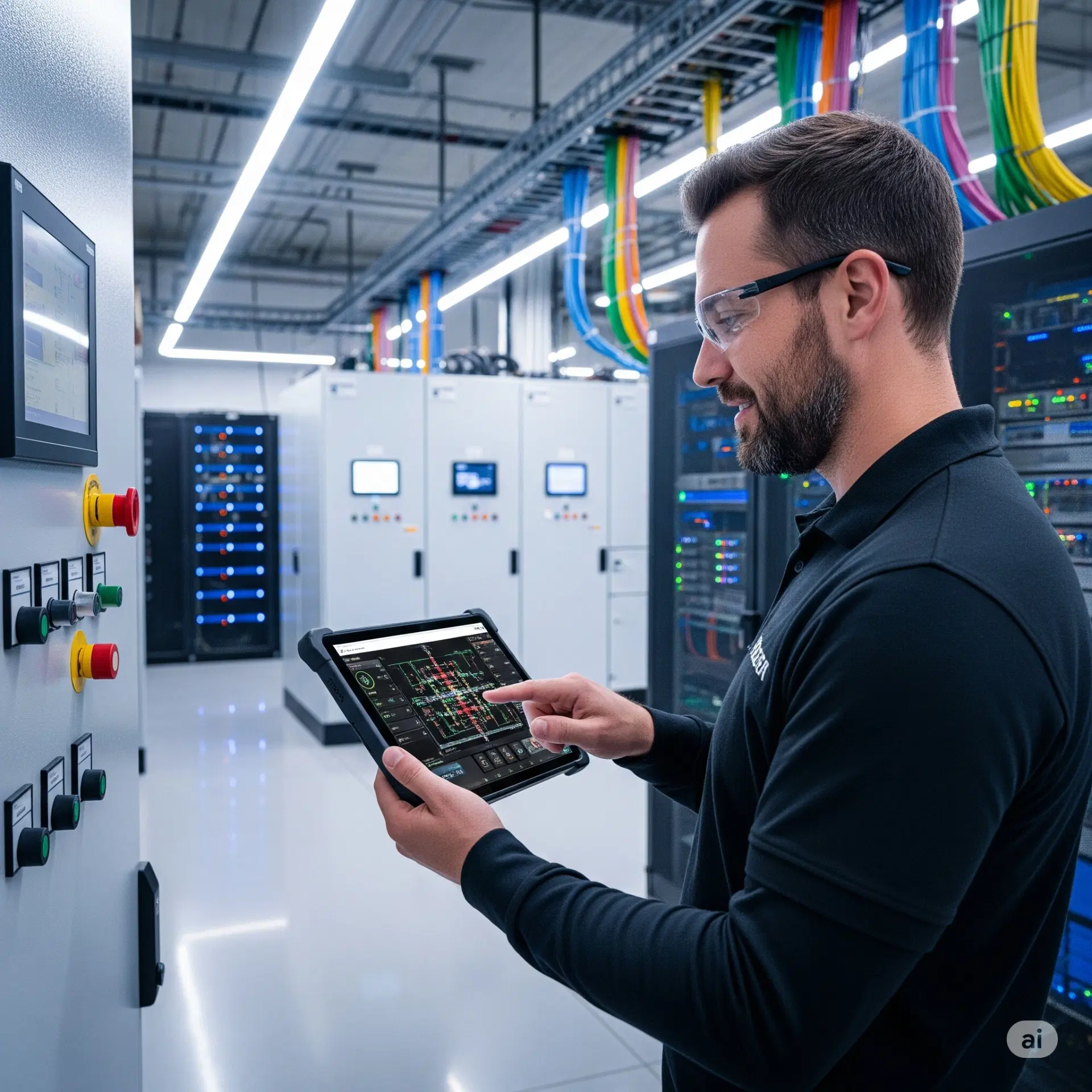 Happy electrician checking his full schedule on a tablet from website leads